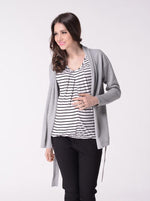 Angel Maternity Roll Collar Knitted Cardigan with Waist Tie - Grey