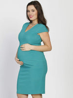 Angel Maternity Short Sleeve Zipper Nursing Party Dress - Teal Jade
