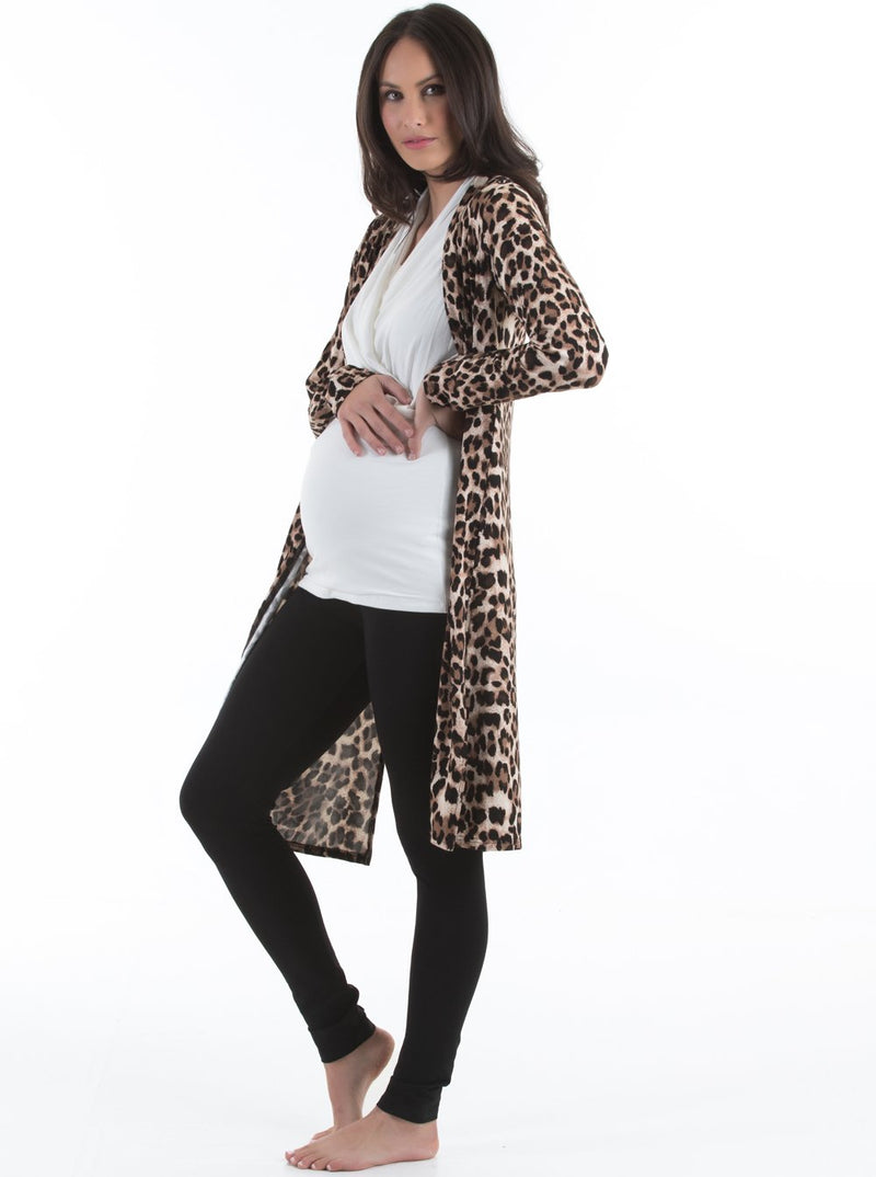 Maternity Long Lounge Cardigan in Leopard Print