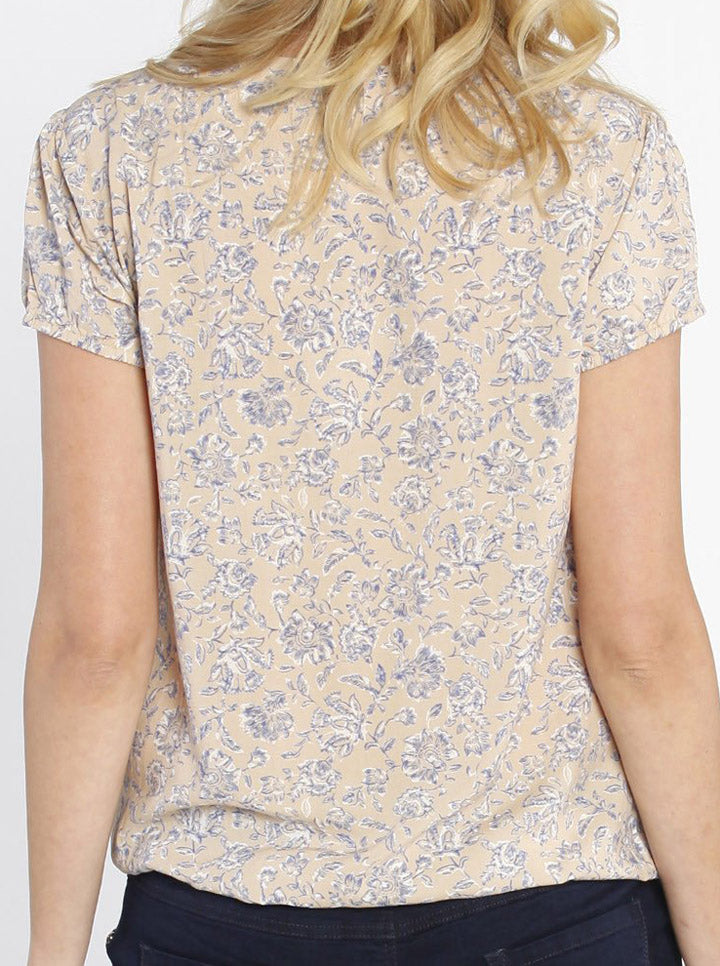 Maternity Round Neck Top - Blue Flowers In Beige