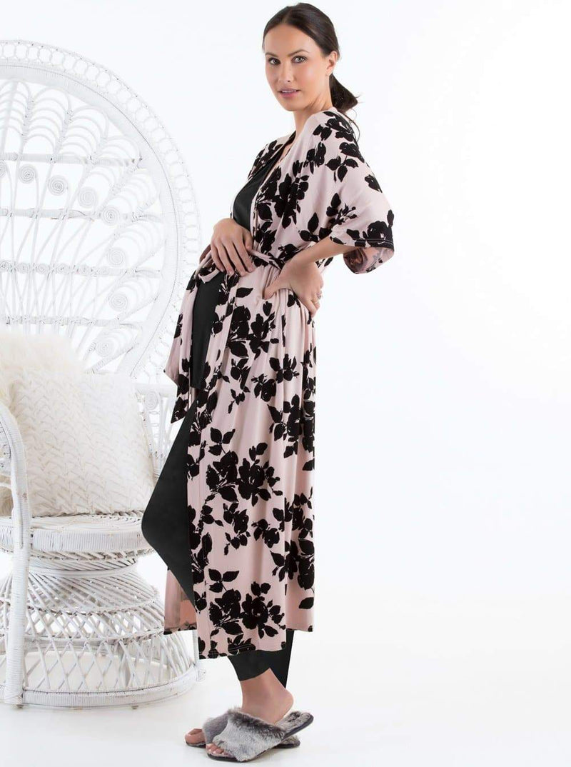 Maternity Half Sleeve Duster Long Cardigan - Pink & Black Flowers - Angel Maternity - Maternity clothes - shop online