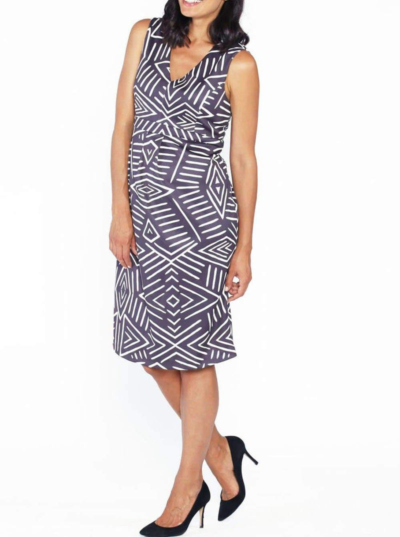 Maternity Sleeveless Ponti Party Dress - Grey and White Print - Angel Maternity - Maternity clothes - shop online