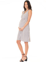 Maternity V-Neck Chiffon Dress in Black & White Stripes - Angel Maternity - Maternity clothes - shop online
