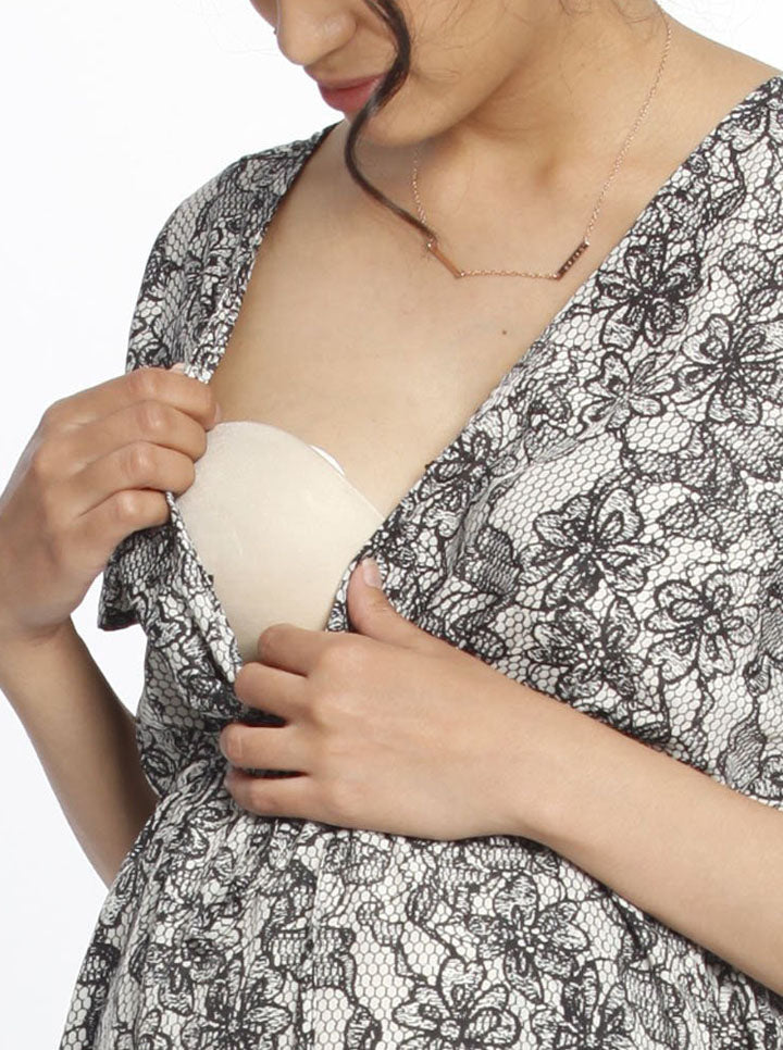Maternity Drawstring Nursing Short Sleeve Dress - Lace Print