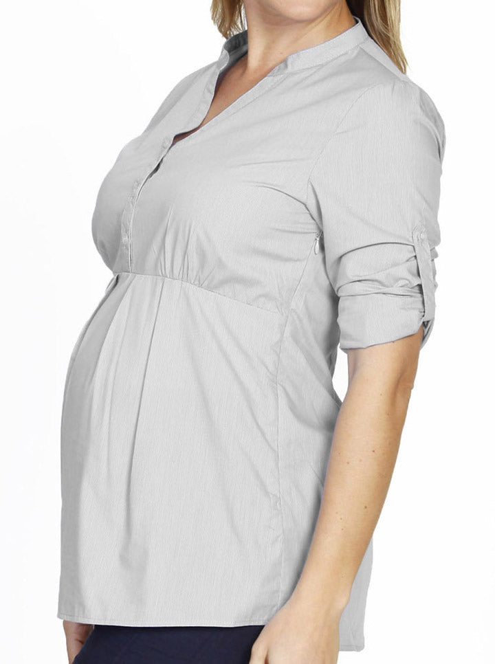 Maternity Roll Up Sleeve Shirt - Light Grey Stripes