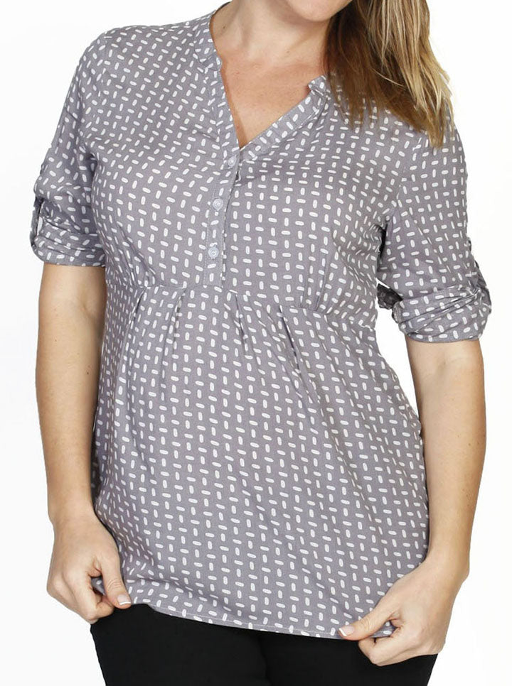 Maternity Cotton Roll Up Sleeve Nursing Shirt - Brown Rice Spots