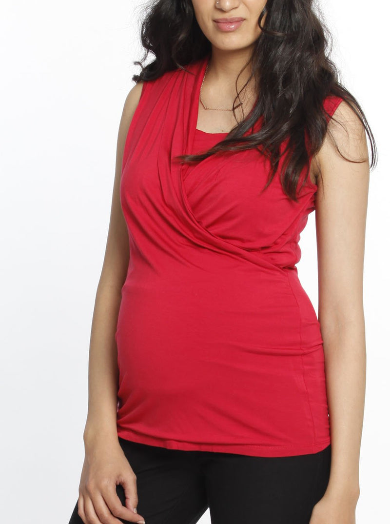 Maternity V-Neck Crossover Bamboo Sleeveless Top - Red
